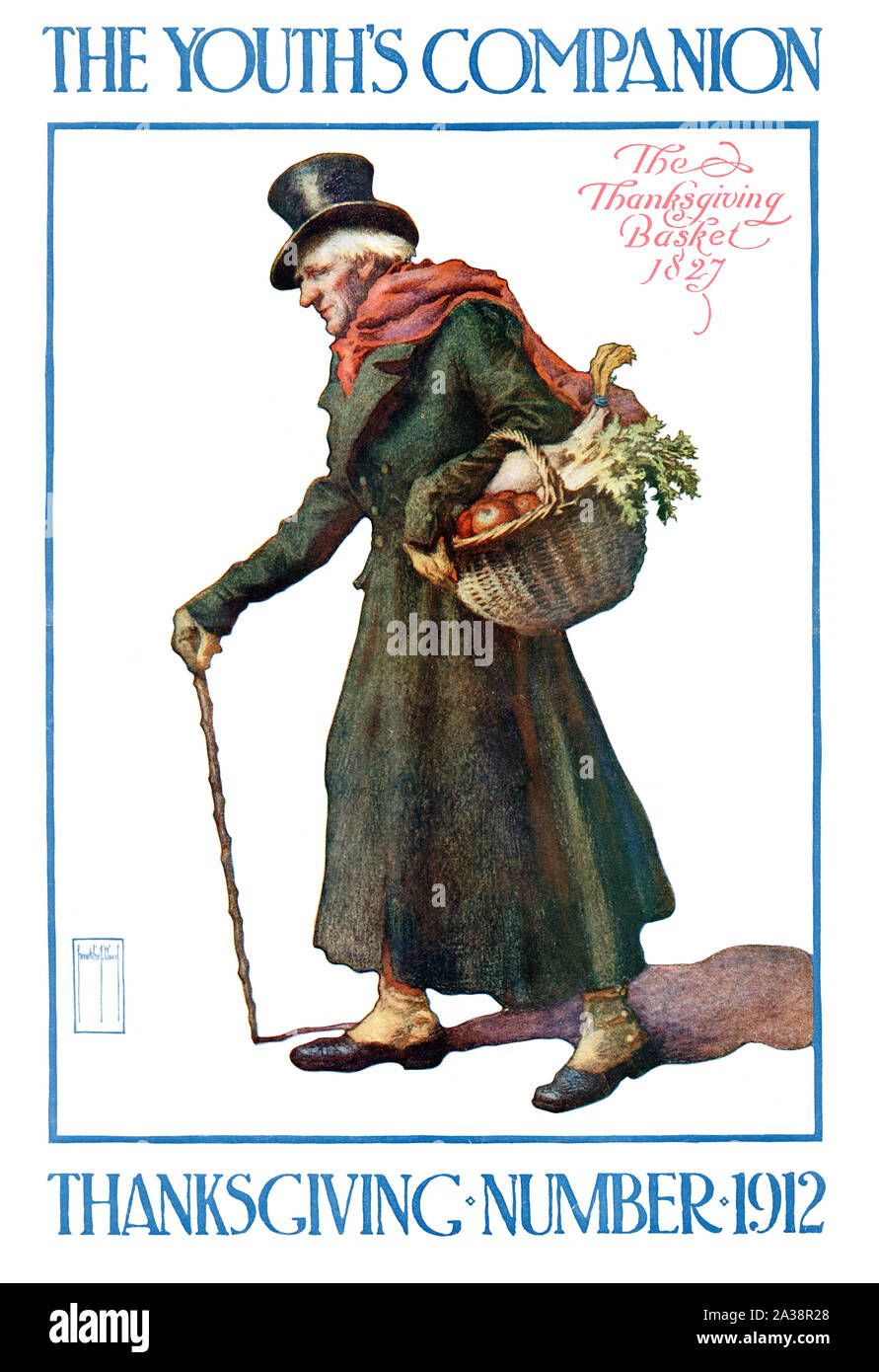 The thanksgiving basket, vintage poster made from magazine cover of the Youth's Companion, 1912 Stock Photo