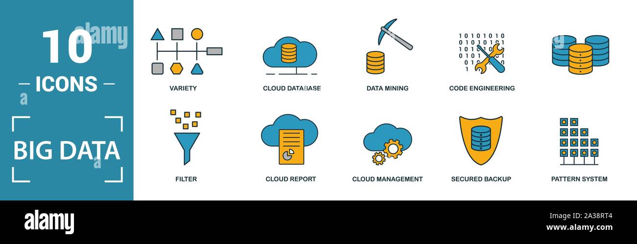 Big Data icon set. Include creative elements cloud hosting, cloud management, data science, pattern system, ambiguity icons. Can be used for report Stock Vector