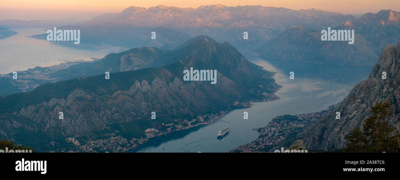 Kotor Bay during sunrise - high resolution panorama Stock Photo