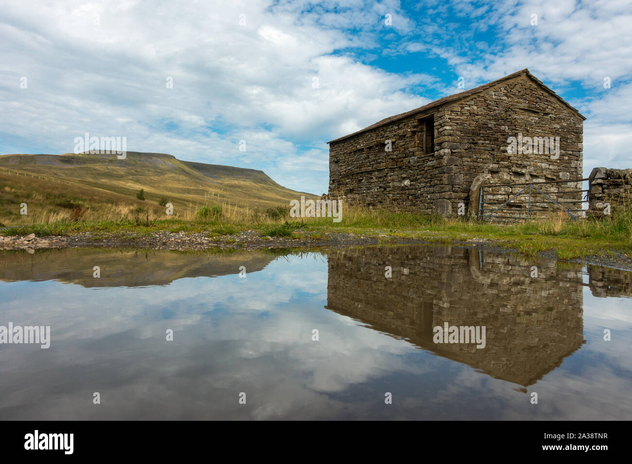 Old Yorkshire stone barn reflected in a puddle with Wild Boar Fell mountain in the background, Mallerstang Dale, Yorkshire Dales National Park, UK lan Stock Photo