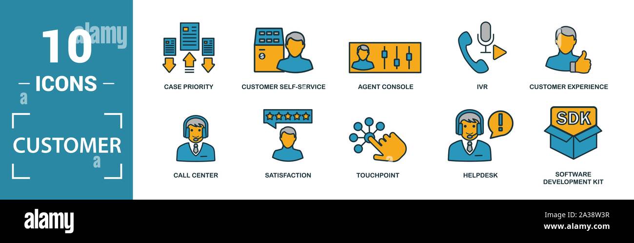 Customer Service icon set. Include creative elements agent console, case priority, satisfaction, helpdesk, knowledge base icons. Can be used for Stock Vector