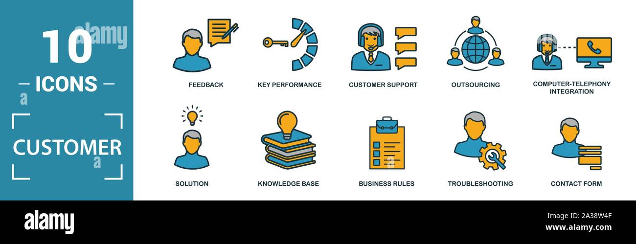 Customer Service icon set. Include creative elements agent console, case priority, satisfaction, helpdesk, knowledge base icons. Can be used for Stock Vector