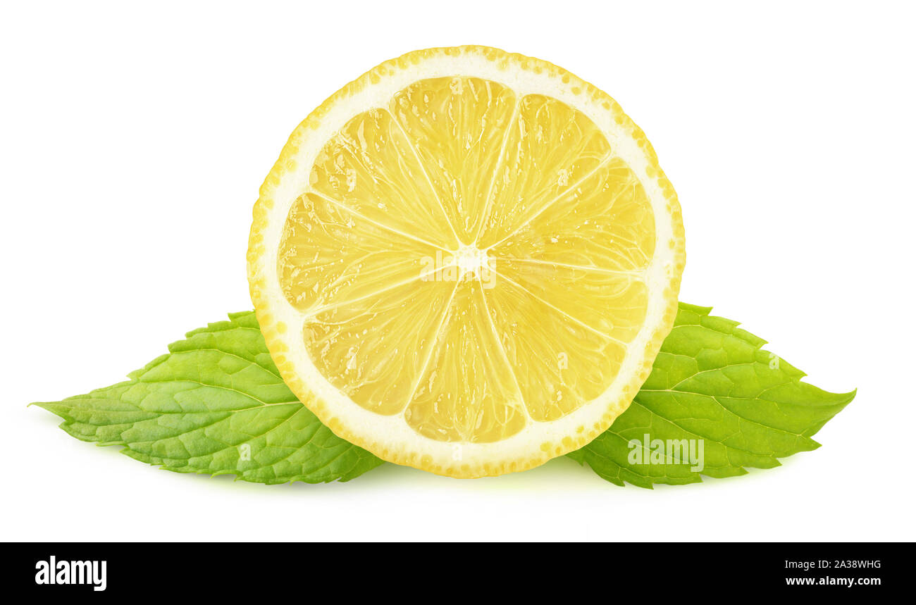 Isolated lemon and mint. Lemon cross section and two leaves of mint isolated on white background with clipping path Stock Photo