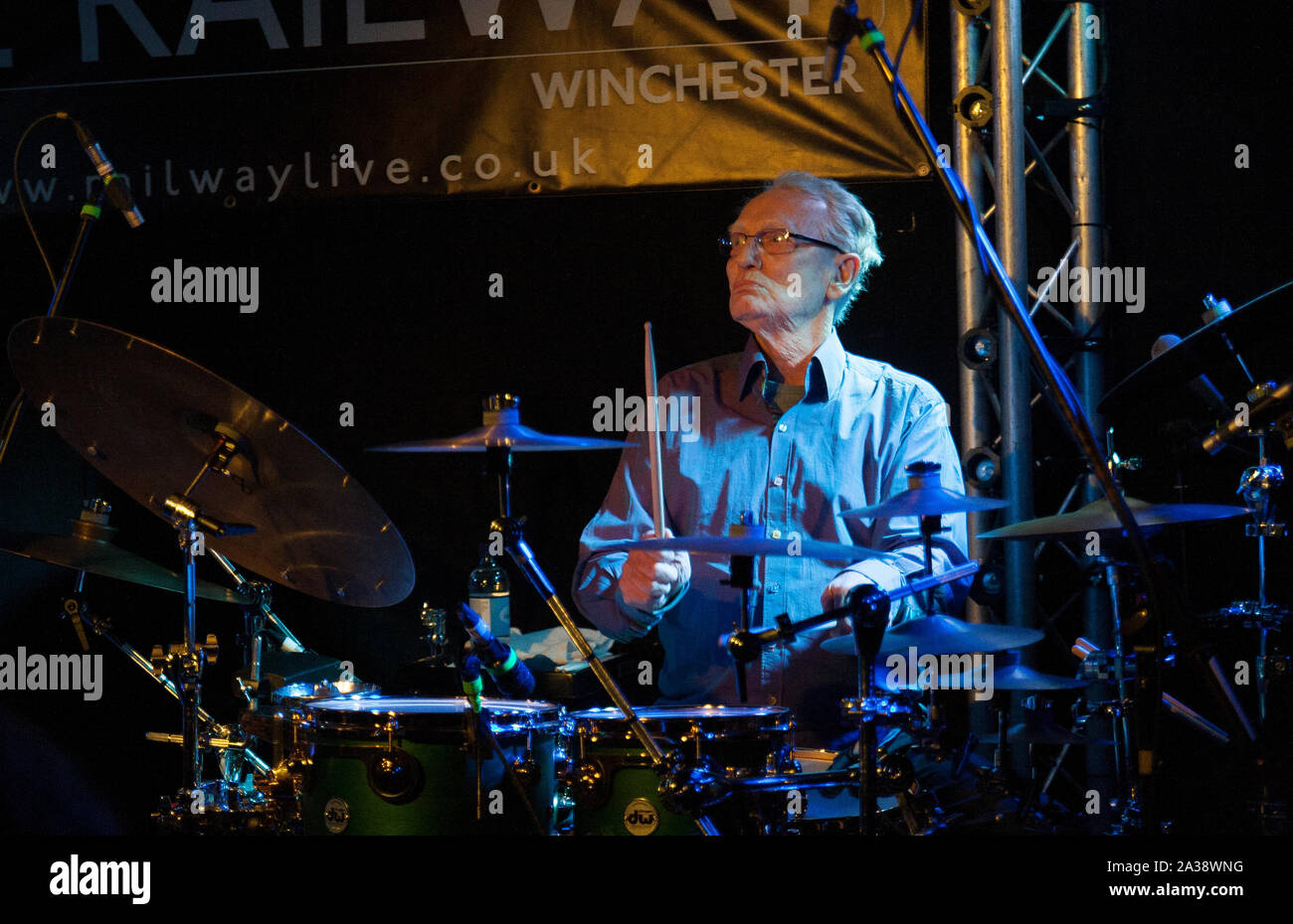 Ginger baker playing at the railway inn Winchester in 2013 Stock Photo