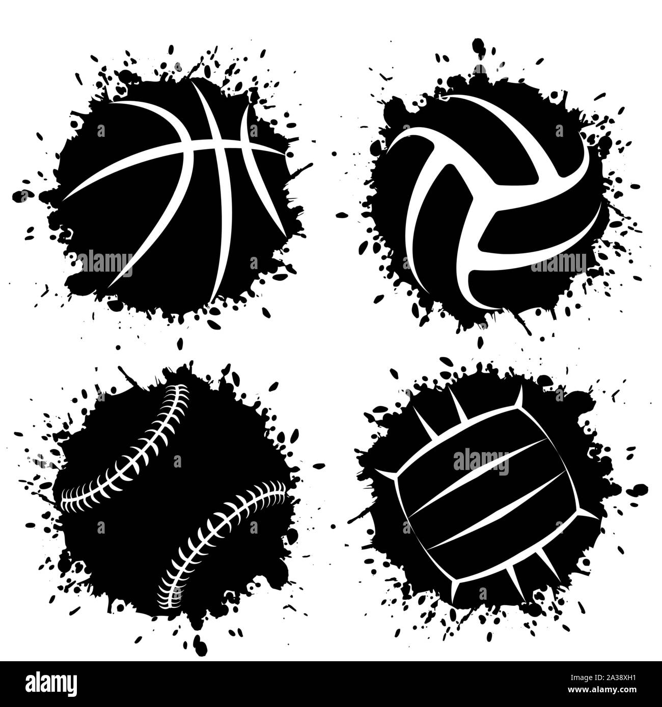 Set of four black grunge circle splashes with white outline sport balls silhouettes Stock Vector