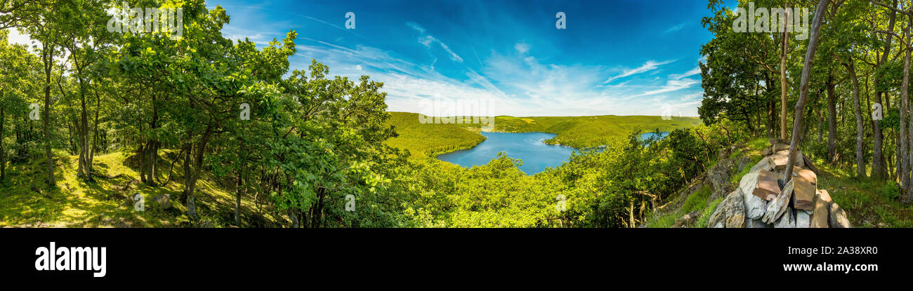 Panorama of the Rursee in the Eifel in summer Stock Photo