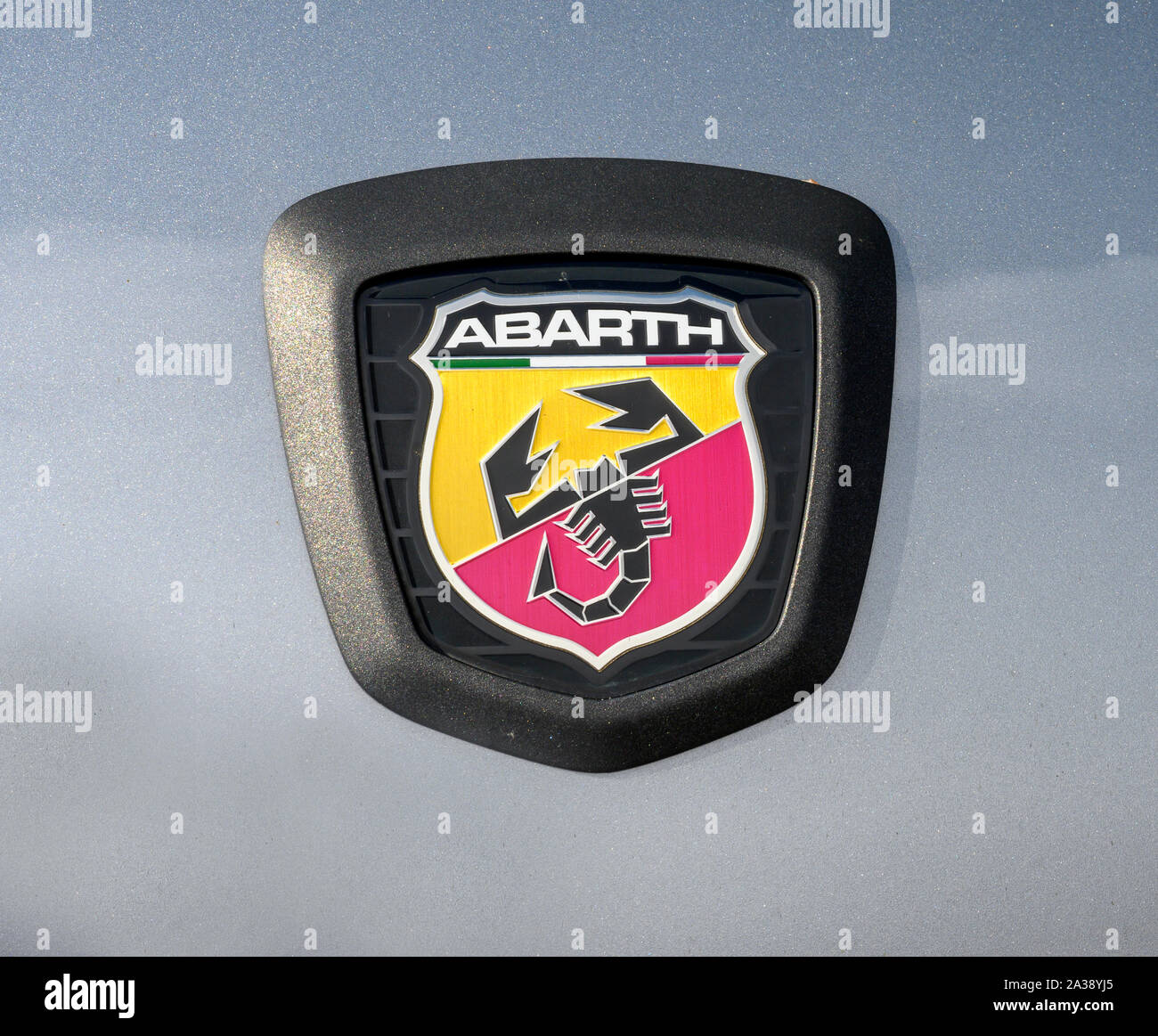 Car badge of the Abarth & C. S..p. A Italian racing car and road car maker. Stock Photo