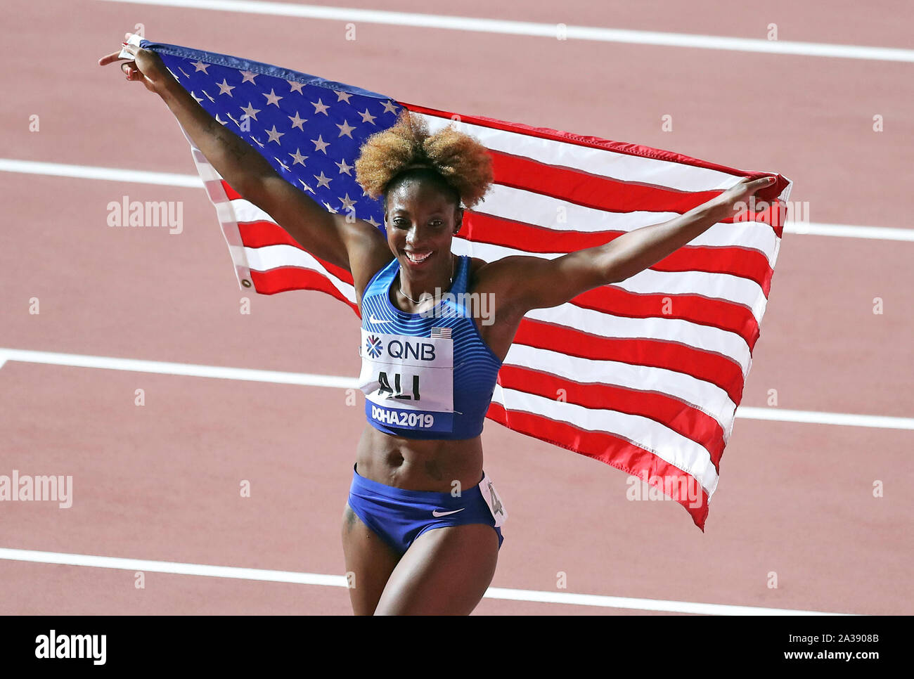 Usa S Nia Ali Celebrates Winning The Women S 100m Hurdles Final During Day Ten Of The Iaaf World Championships At The Khalifa International Stadium Doha Qatar Stock Photo Alamy