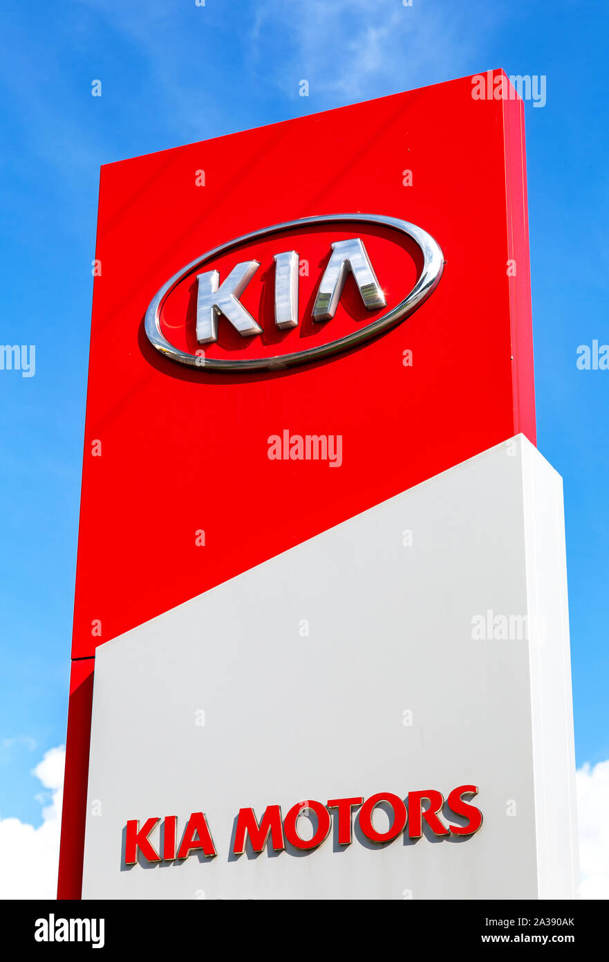 Veliky Novgorod, Russia - August 23, 2019: KIA Motors dealership logo. Kia Motors is South Korea's automobile manufacturer Stock Photo