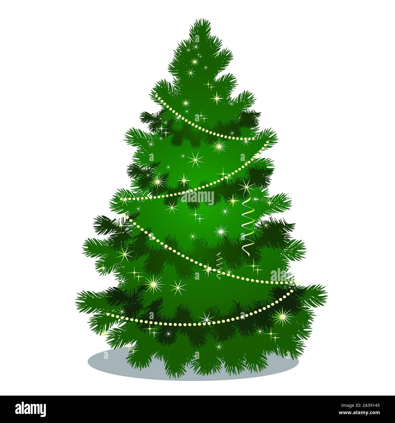 Green Christmas tree with beads and sparkling flecks isolated on white background. Sketch of Christmas festive poster, party invitation, other holiday Stock Vector