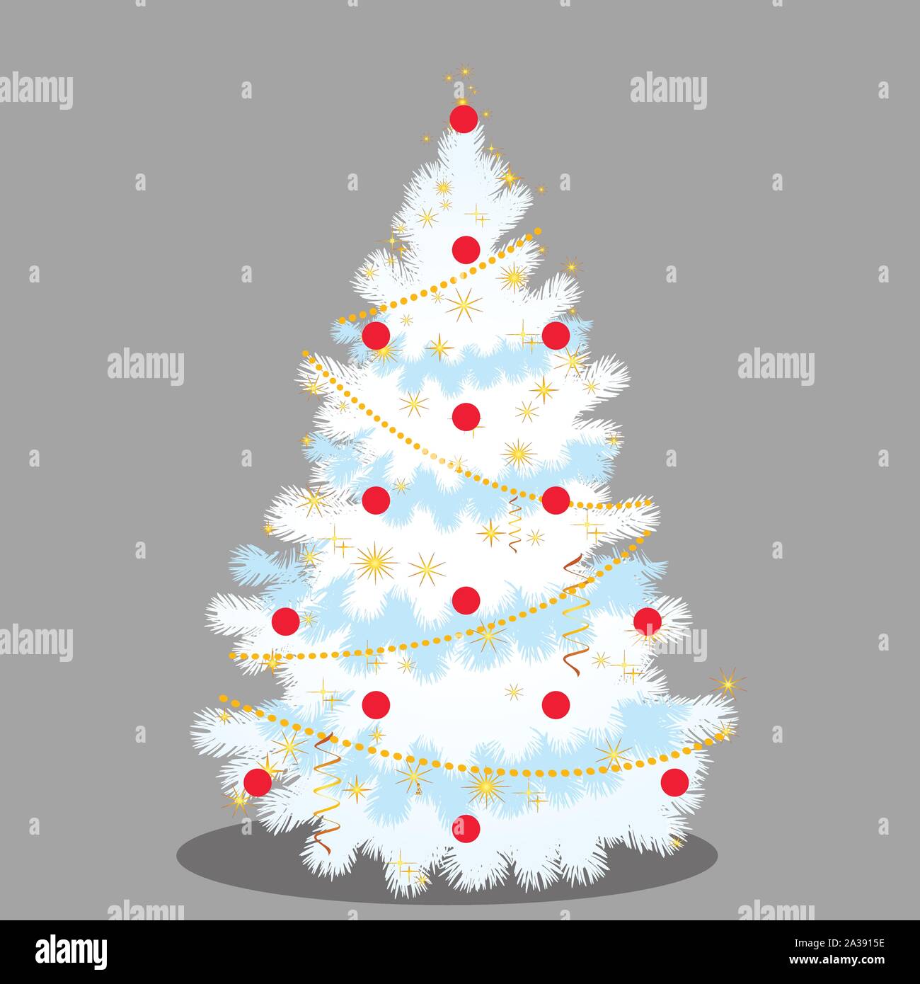White Christmas tree with beads, baubles, sparkling flecks isolated on grey background. Sample of poster, party holiday invitation, festive banner Stock Vector