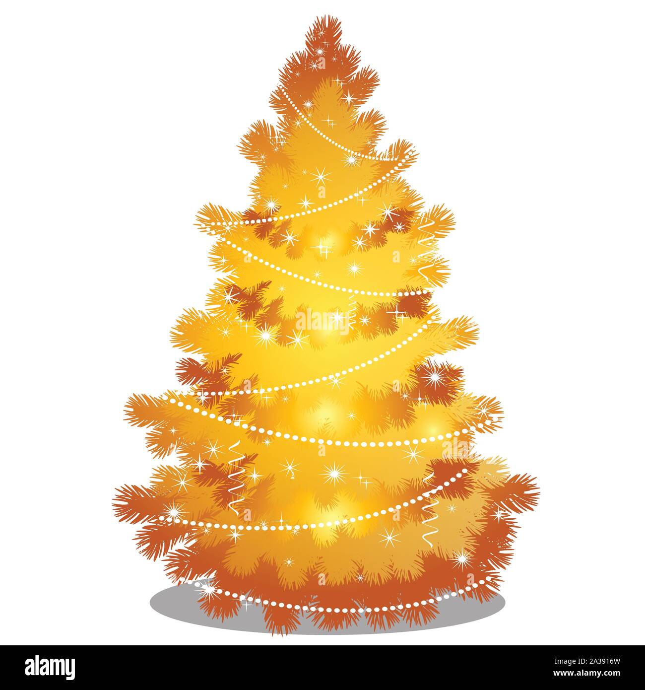 Golden Christmas tree with beads and sparkling flecks isolated on white background. Sketch of Christmas festive poster, party invitation, other Stock Vector