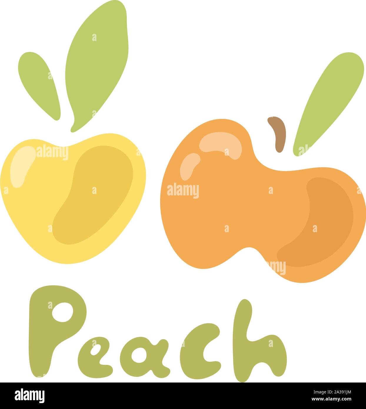 Peach and leaf vector icons. Cute and simple design with doodle childish text Stock Vector