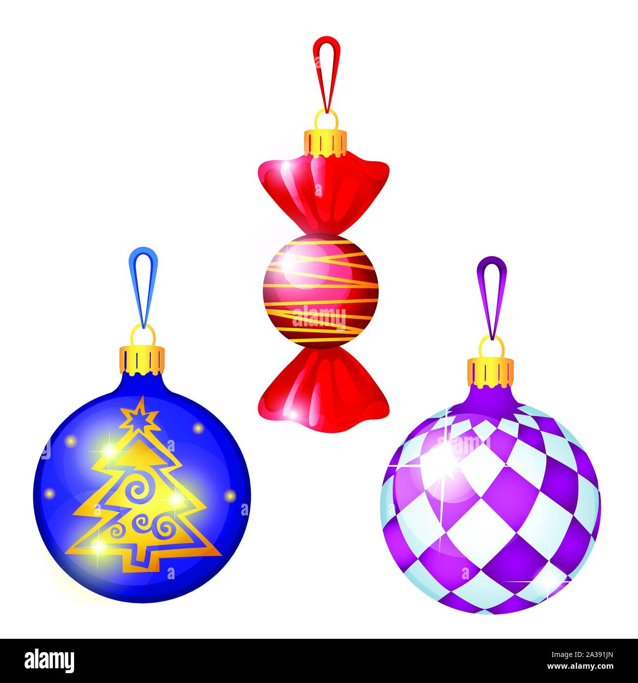 Sketch with Christmas tree decorations different forms isolated on white background. Colorful festive glass baubles. Template of poster, invitation Stock Vector