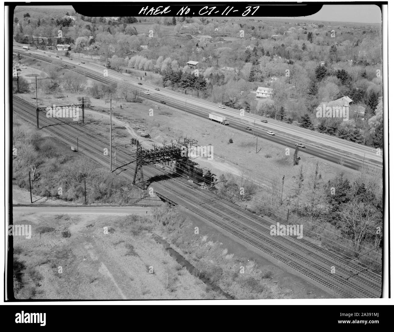 Saga Interlocking Tower. Greens Farms, Fairfield Co., CT. Sec. 9108, MP 47.00. - Northeast Railroad Corridor, Amtrak Route between New York-Connecticut and Connecticut-Rhode Island State Lines, New Haven, New Haven County, CT; Stock Photo