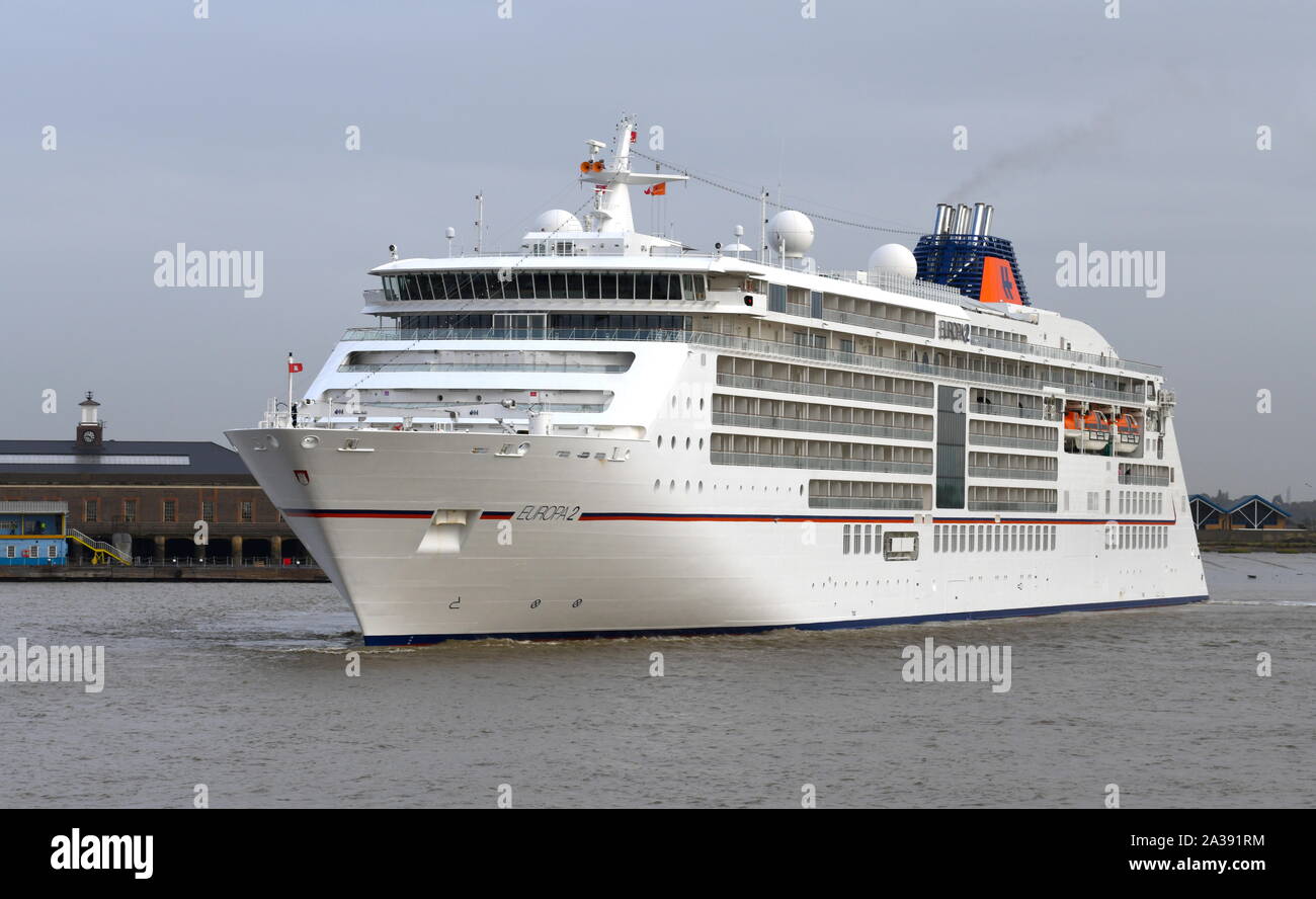 Luxury cruise liner Europa 2 embarks on a cruise from London International Cruise Terminal Tilbury. Stock Photo