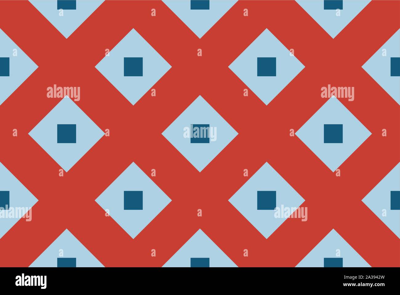 Vector seamless geometric pattern. Shaped light blue and dark blue squares on red background. Stock Vector