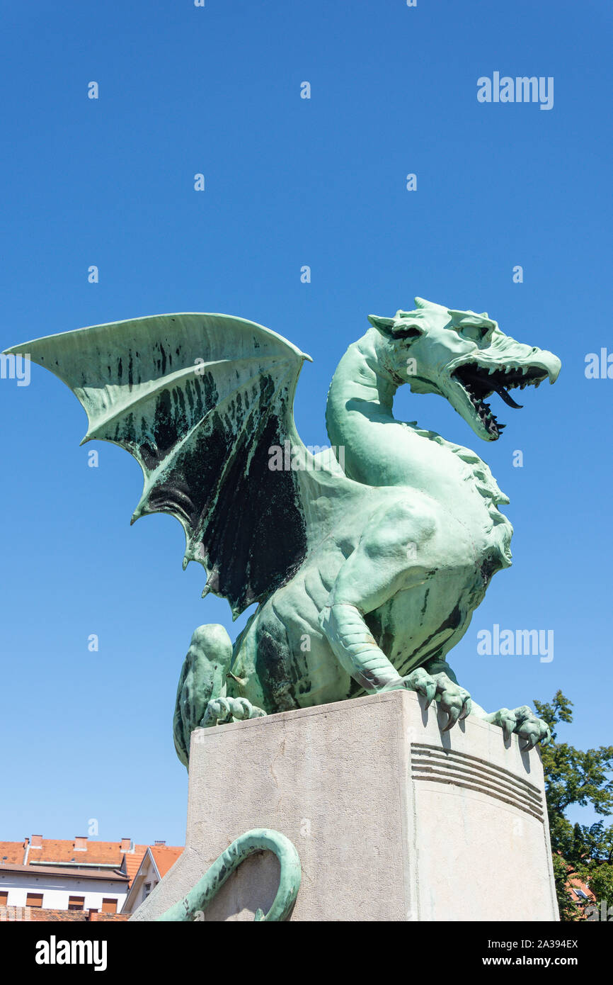 Dragon Statue on The Dragon Bridge, Old Town, Ljubljana, Slovenia Stock Photo