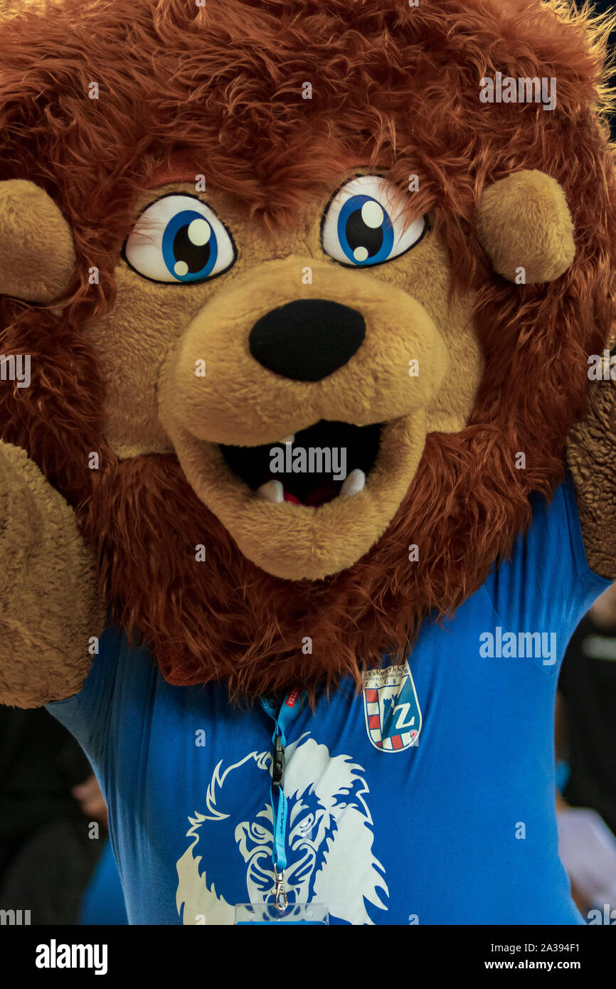 ZAGREB, CROATIA - SEPTEMBER 14, 2019: EHF man's Championship League. PPD Zagreb vs. Paris Saint-Germain.  Lion mascot of PPD Zagreb Stock Photo