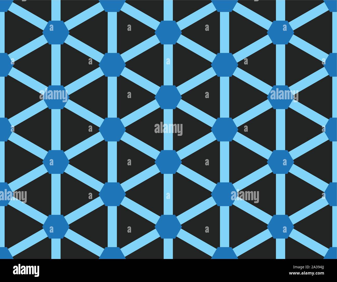 Vector seamless geometric pattern. Shaped blue hexagons and light blue lines on black background. Stock Vector