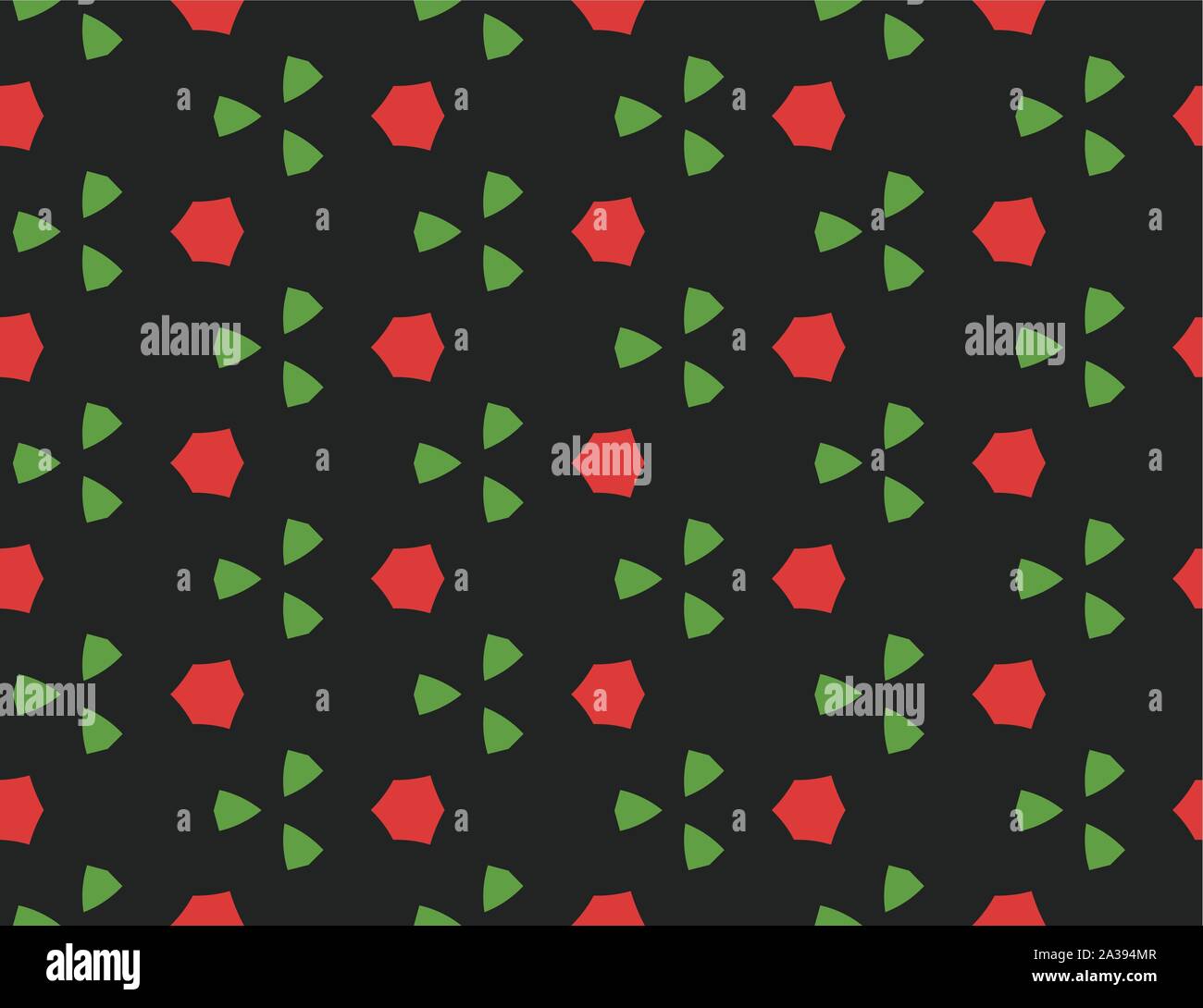 Vector seamless geometric pattern. Shaped red hexagons, green triangles on black background. Stock Vector