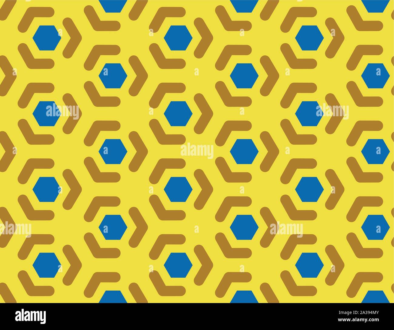 Vector seamless geometric pattern. Shaped blue hexagons, brown lines, arrows on yellow background. Stock Vector