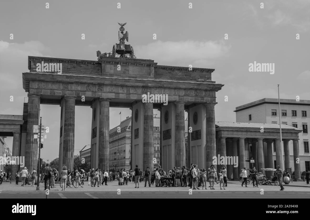 A black and white picture of the Brandenburg Gate, in Berlin. Stock Photo