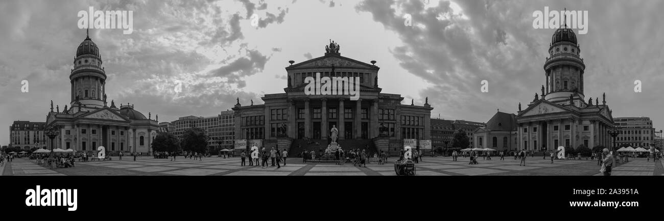 A black and white panorama picture of the Gendarmenmarkt square, in Berlin. Stock Photo