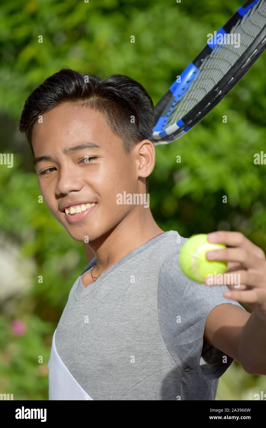 Happy Male Tennis Player With Tennis Racket Stock Photo Alamy