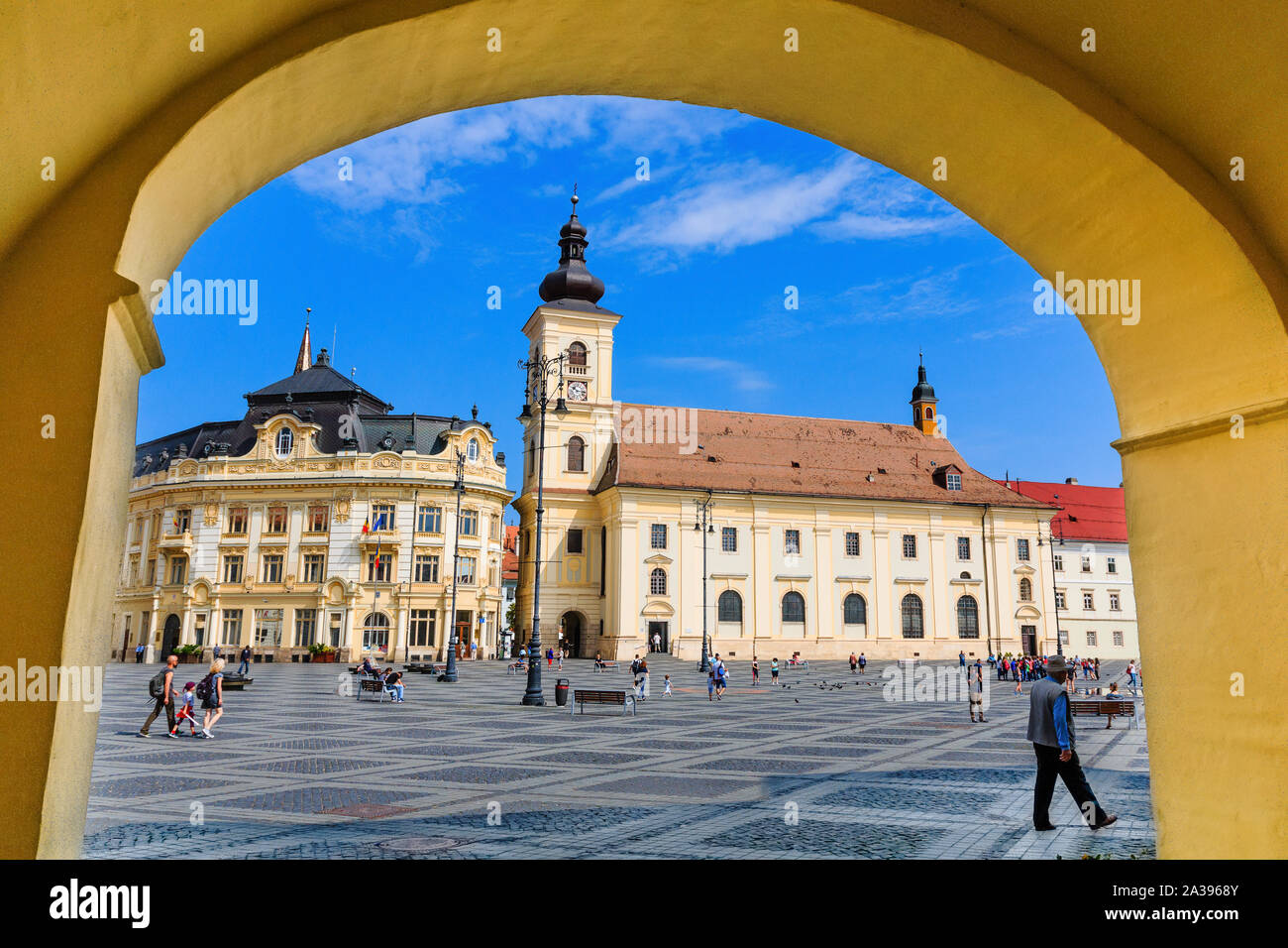 Sibiu, Romania. Large Square and City Hall. Transylvania medieval city. Stock Photo