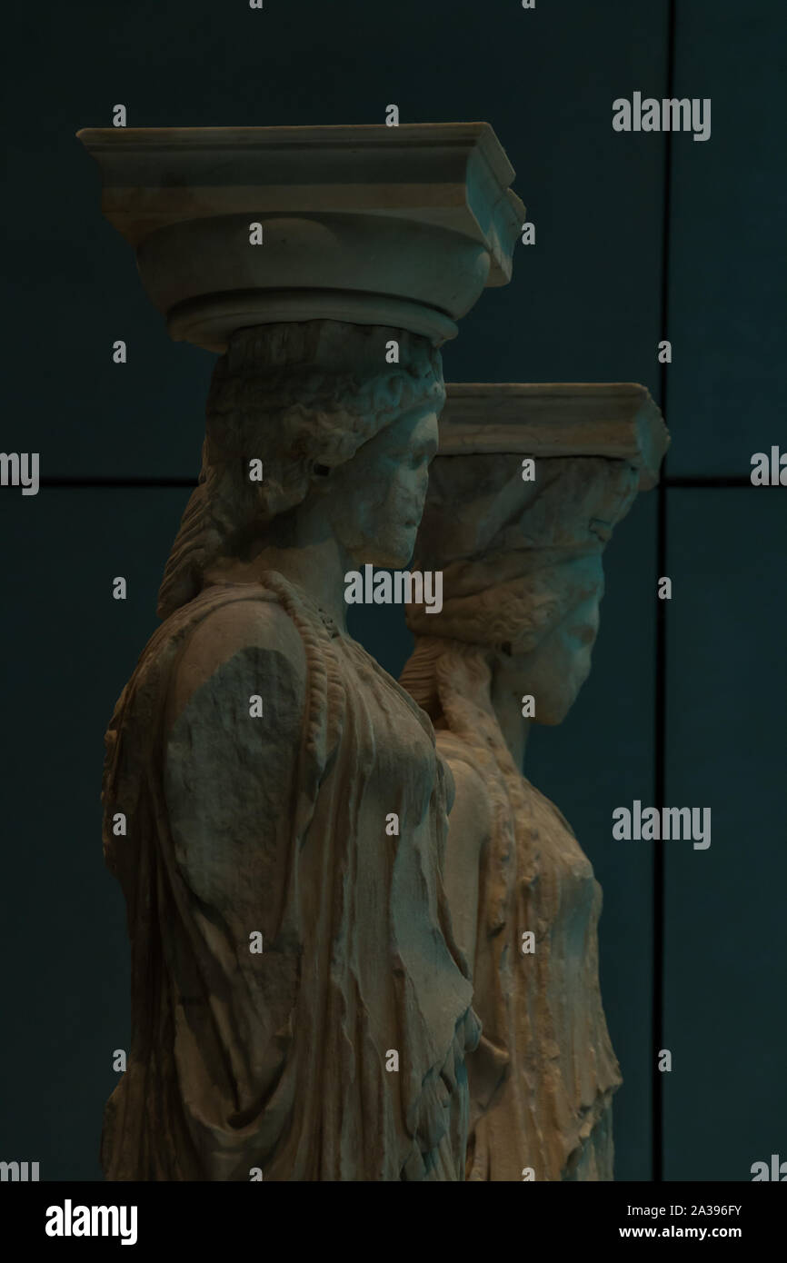 A picture of two Caryatids on display inside the Acropolis Museum. Stock Photo