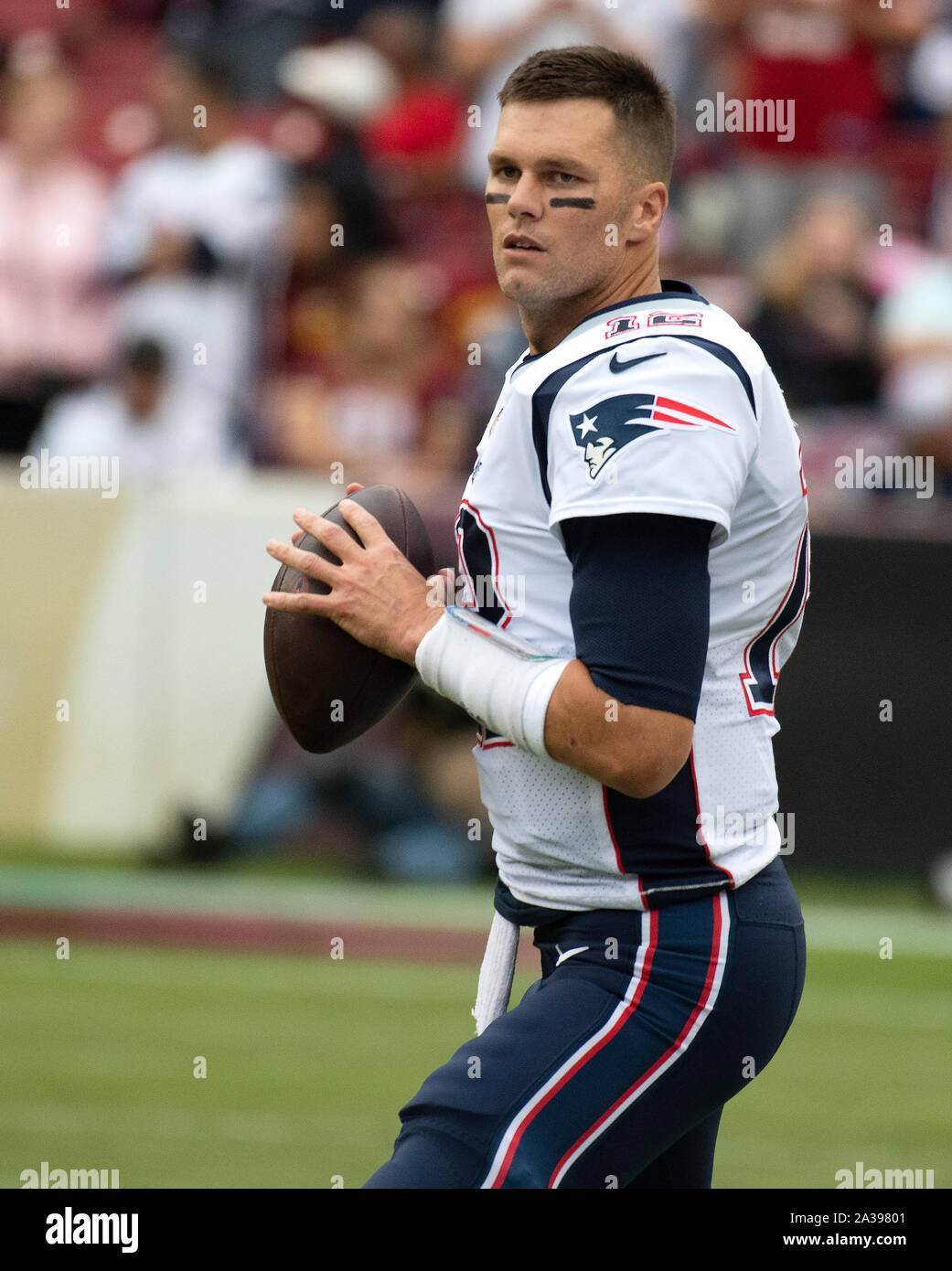 New England Patriots quarterback Tom Brady (12) warms-up prior to the game against the Washington Redskins at FedEx Field in Landover, Maryland on Sunday, October 6, 2019.Credit: Ron Sachs/CNP | usage worldwide Stock Photo