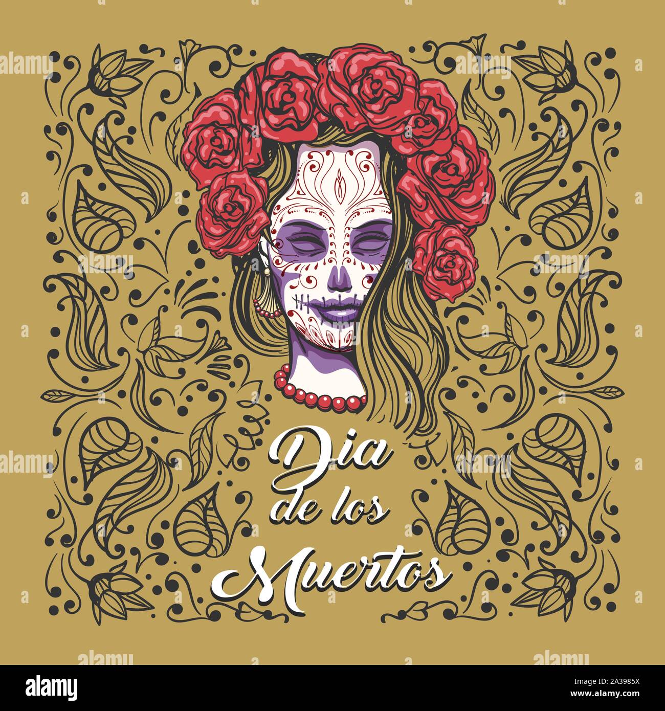 Day of The Dead Emblem. Woman with sugar skull makeup on a floral background and spnish wording Dia de los Muertos what means Day of The Dead. Vector Stock Vector