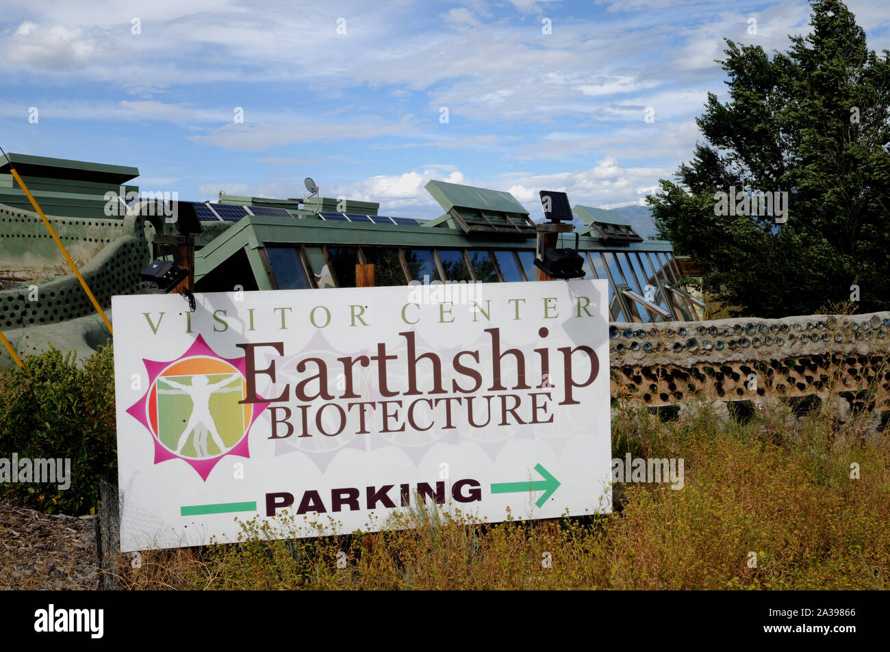 Sign directing visitors to the Earthship Biotecture complex on the outskirts of Taos New Mexico USA. Stock Photo