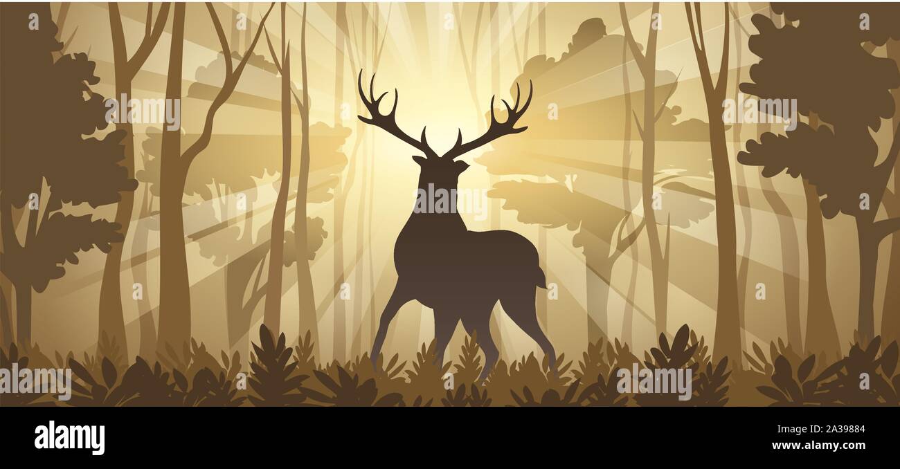 DeerSilhouette in rays of sunlight on Deep Forest Background. Horizontal vector Illustration Stock Vector