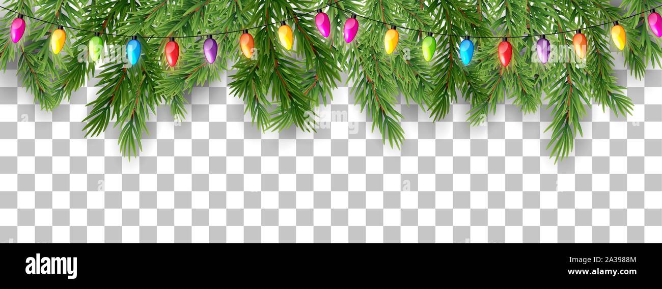 Merry Christmas and happy New Year border of tree branches and garland ...