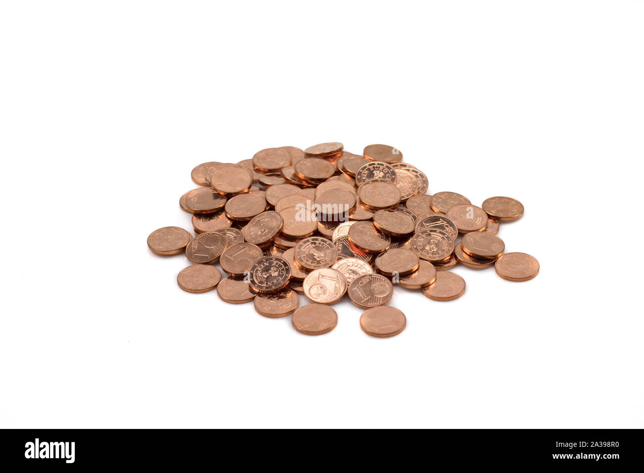 A pile of shiny Euro cents, shot close up in macro, isolated on a clean, white background Stock Photo