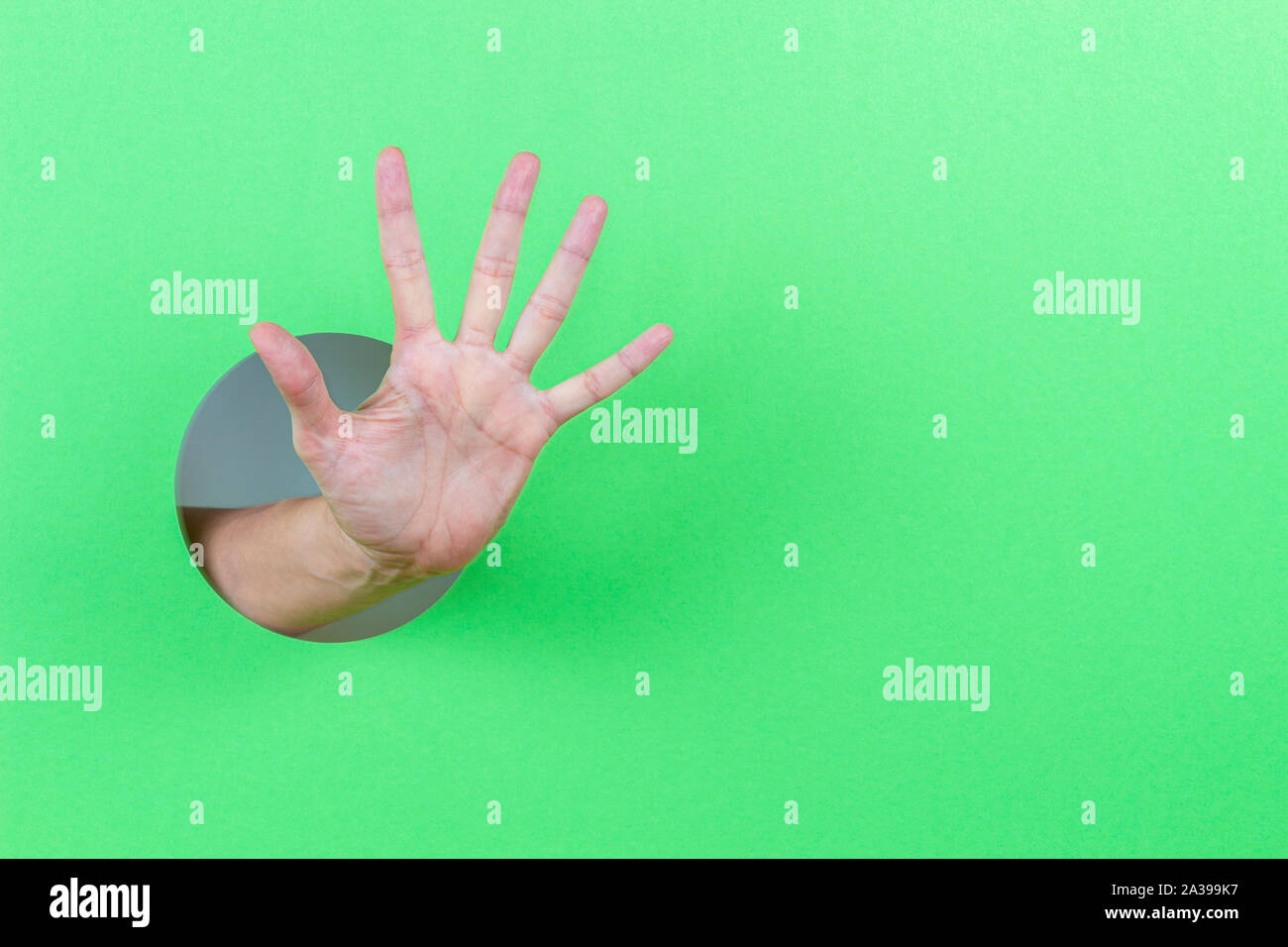 Woman hand making stop palm gesture sign through a hole in green color paper background Stock Photo