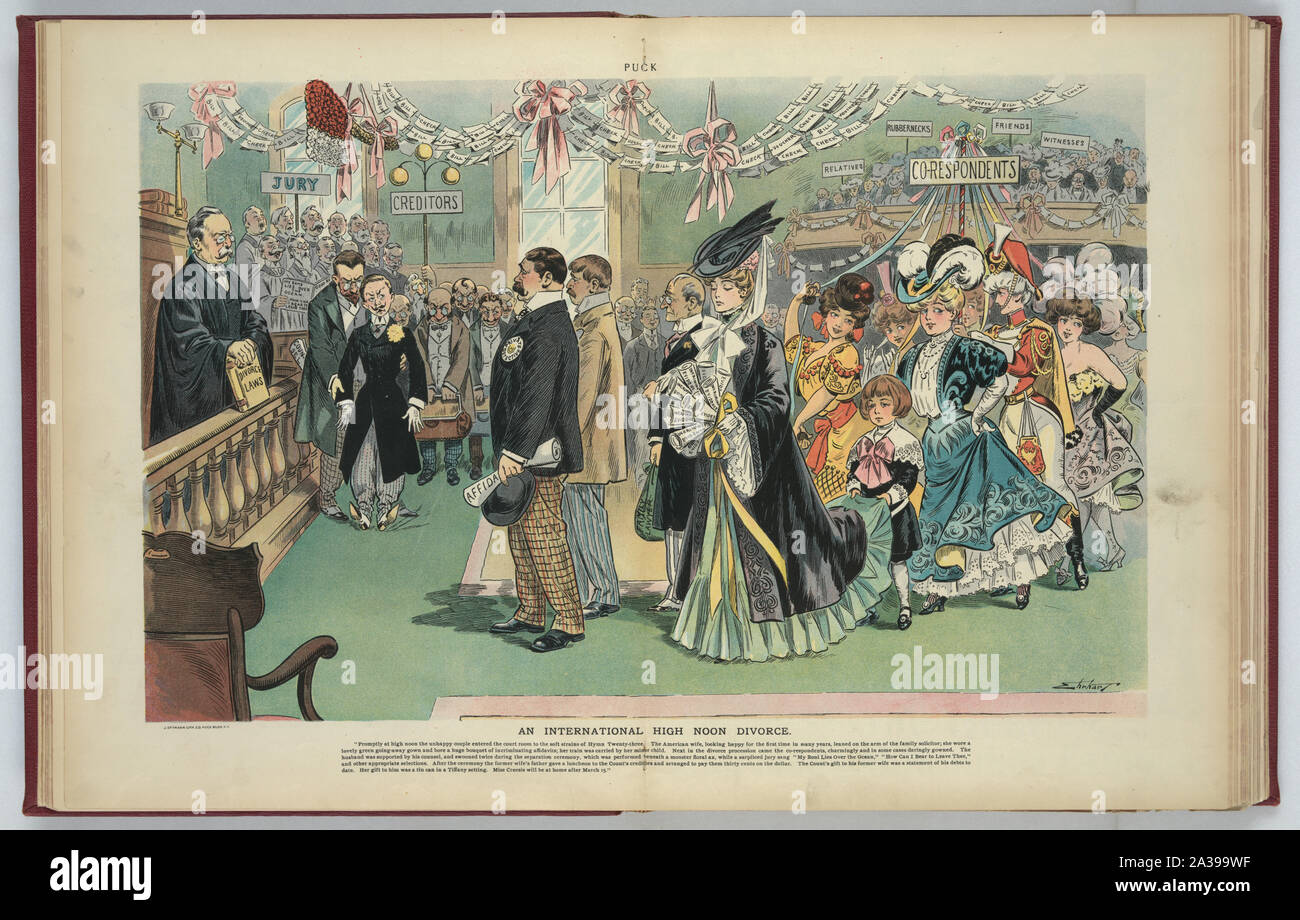 An International High Noon Divorce; Illustration parodies the circus-like atmosphere of the divorce proceedings of Anna Gould (seen holding a bouquet made out of of indictment against her husband) against Boni de Castellane. See full text under Inscriptions.; Stock Photo