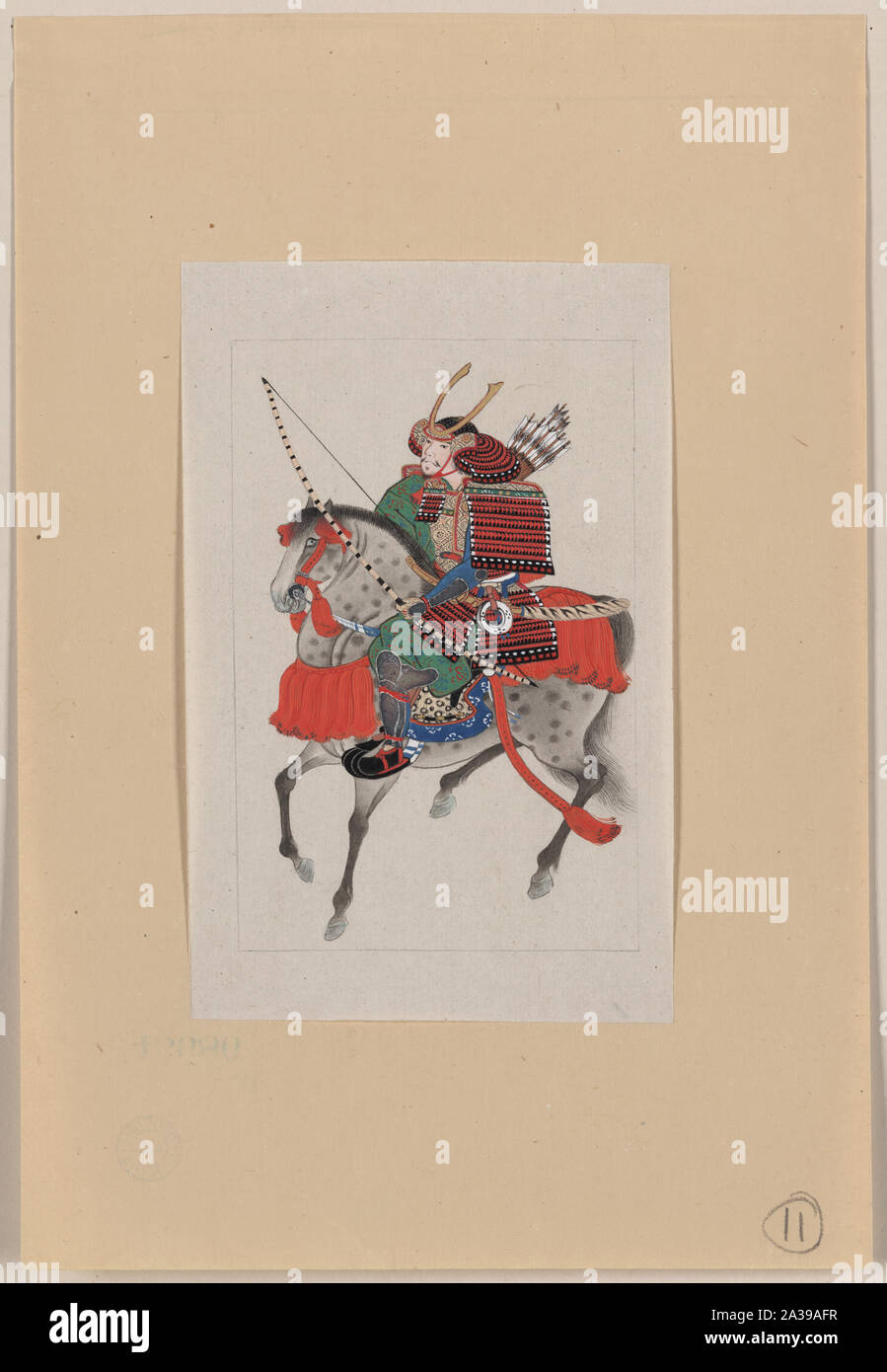 Samurai on horseback, wearing armor and horned helmet, carrying bow and arrows Stock Photo