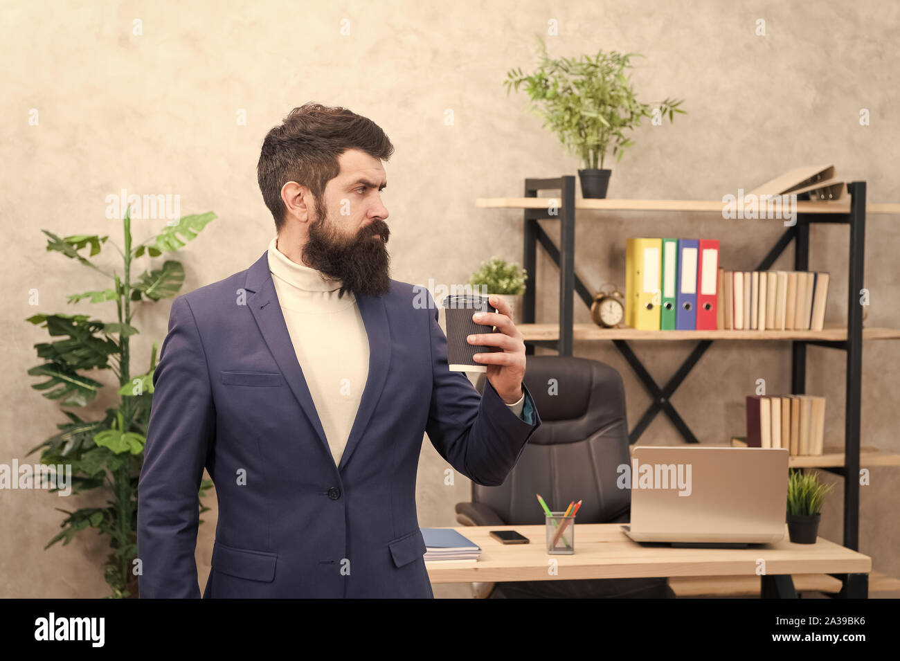 full concentration. Businessman in formal outfit. concentration at work. Confident man concentrated at work. Boss workplace. Coffee break. Bearded man in business office. total concentration. Energy. Stock Photo