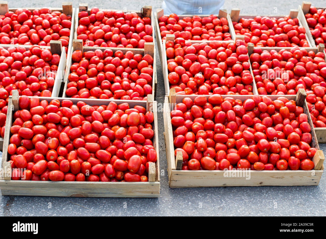 Red ripe tomatoes lie for sale in wooden boxes in the open air market. Stock Photo