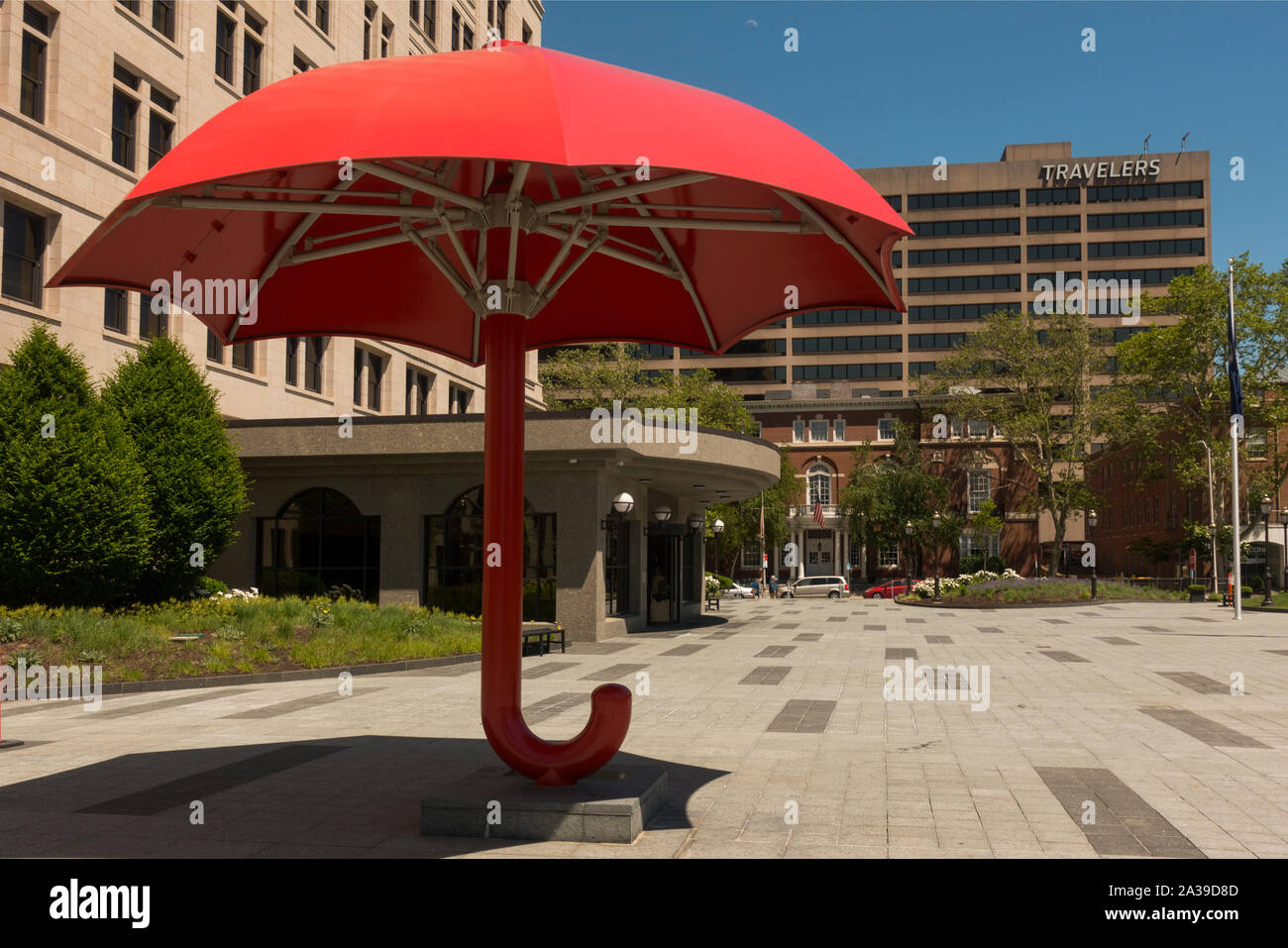 Travelers Insurance red umbrella sculpture in Hartford CT Stock Photo