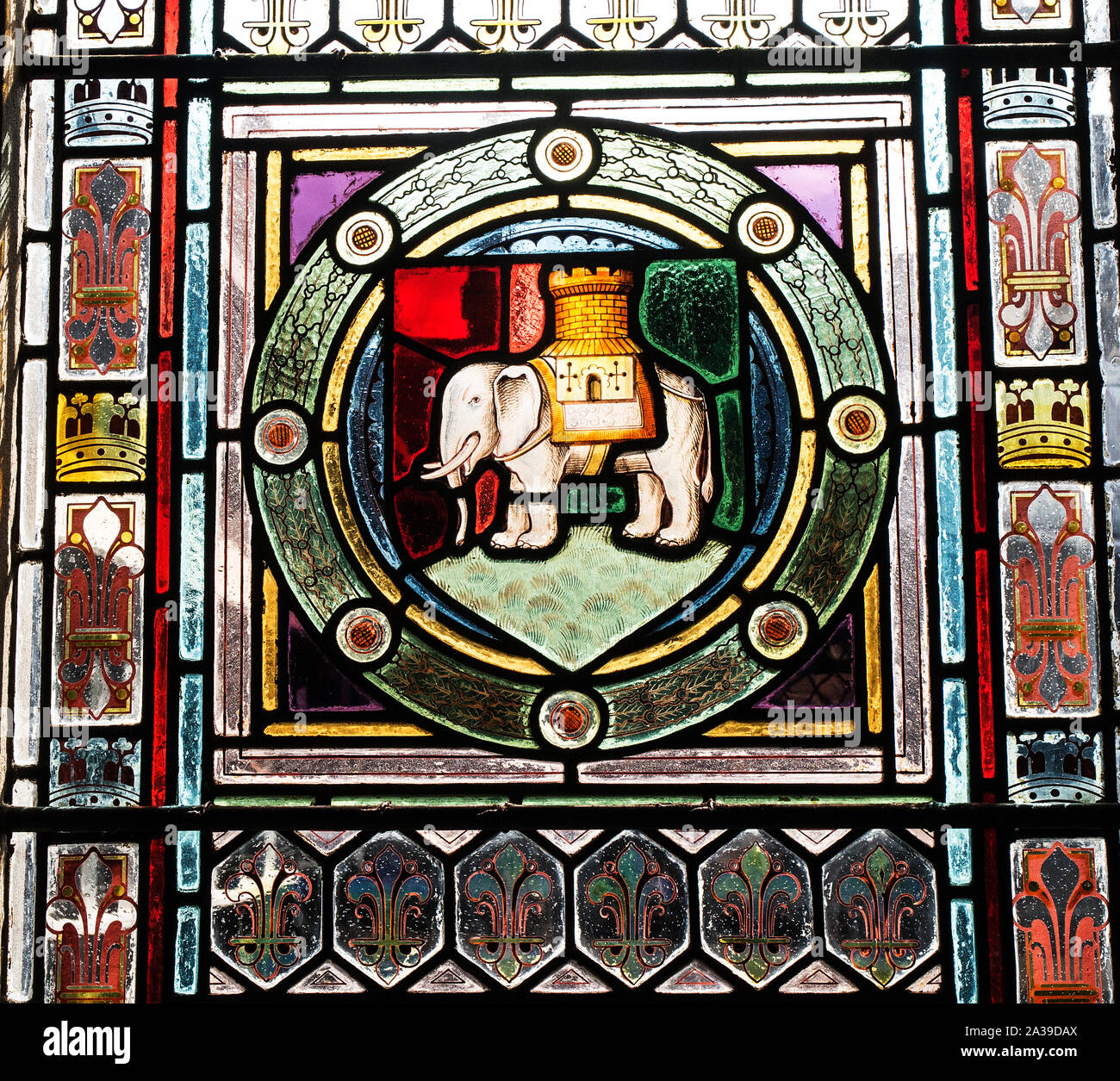 Coat of Arms of Coventry on stained glass window in The Draper's Room, St.Mary's Guildhall, Coventry Stock Photo