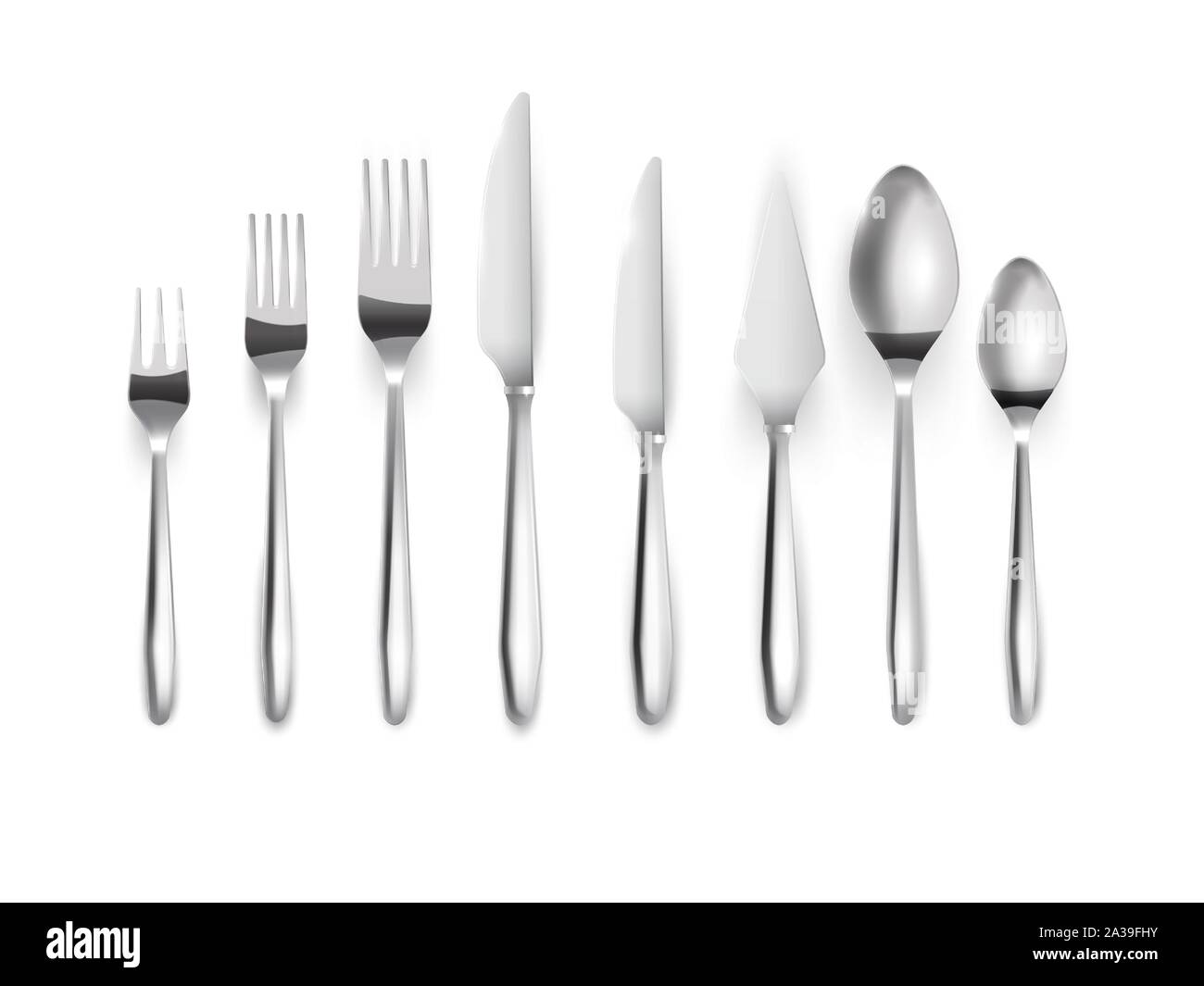 Realistiny set of silver cutlery.Top view. Metal knives, forks spoons Stock Vector