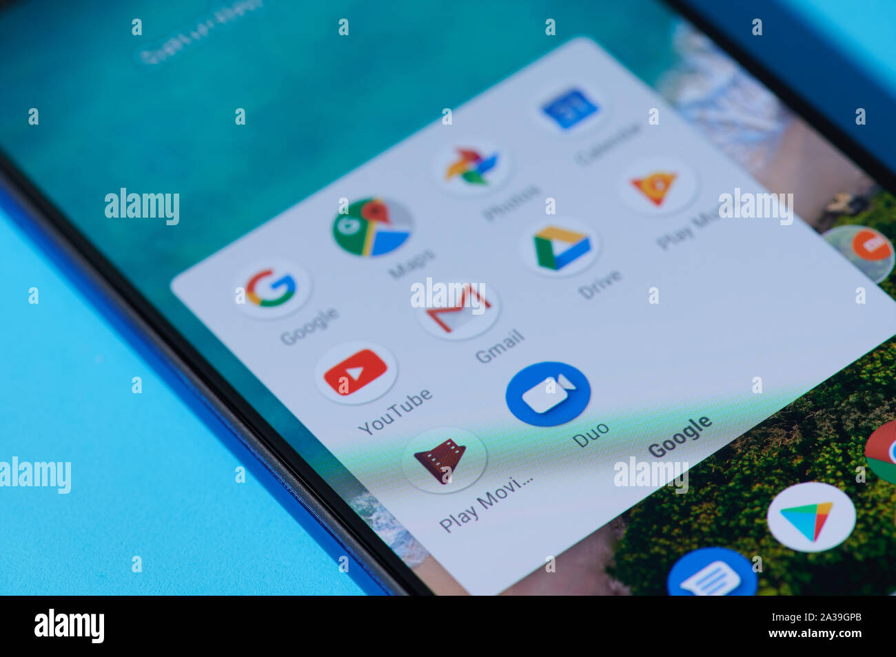 New york, USA - september 28, 2019:Google apps on smartphone on smartphone screen close up view Stock Photo