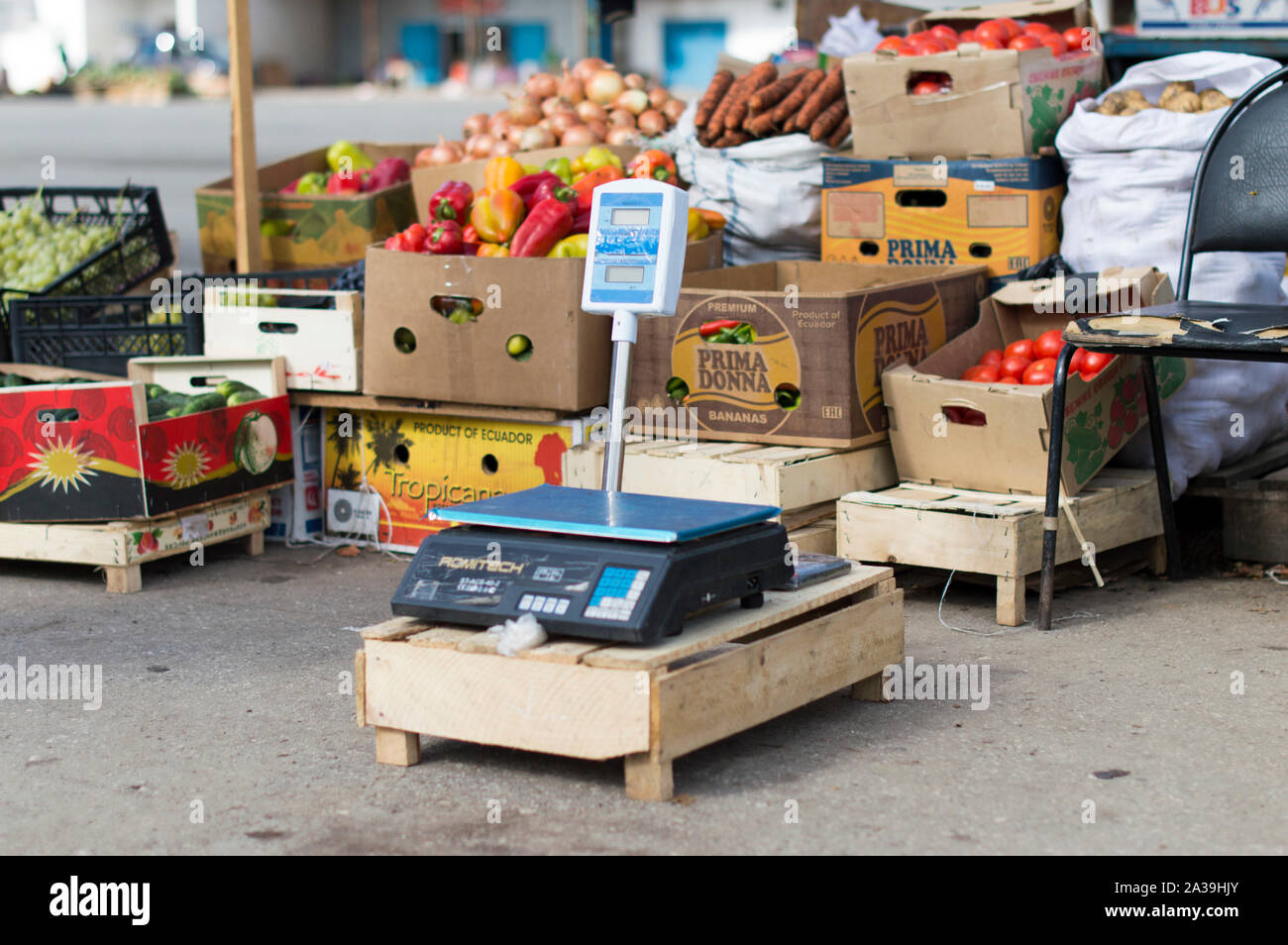 Electronic scales for weighing food in the market. They stand in the open. Russia. Stock Photo