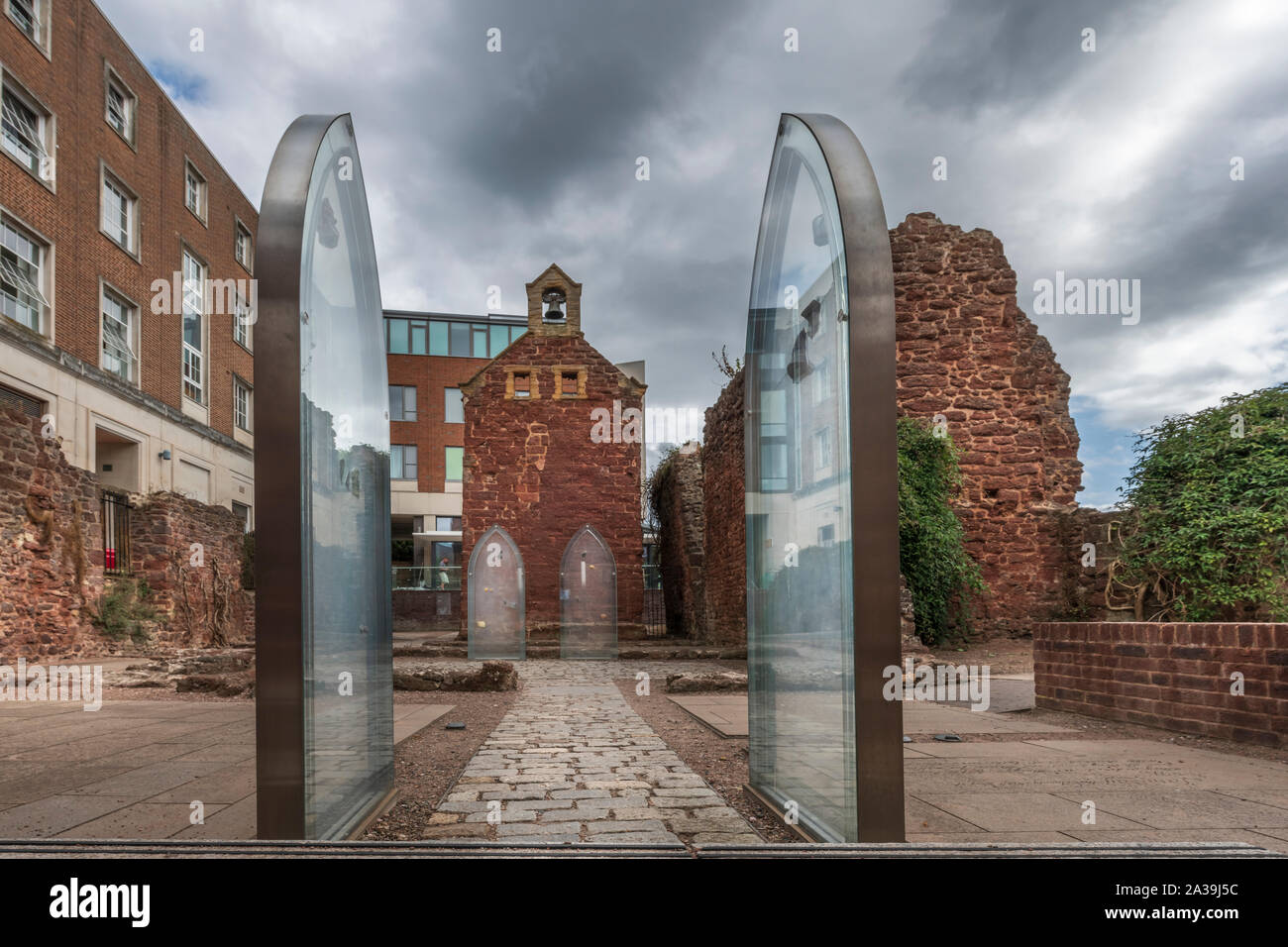 The west wall of the remains of St Catherines's Chapel and Almshouses in the heart of Exeter. This historic site, dating back to the 13th Century, was Stock Photo