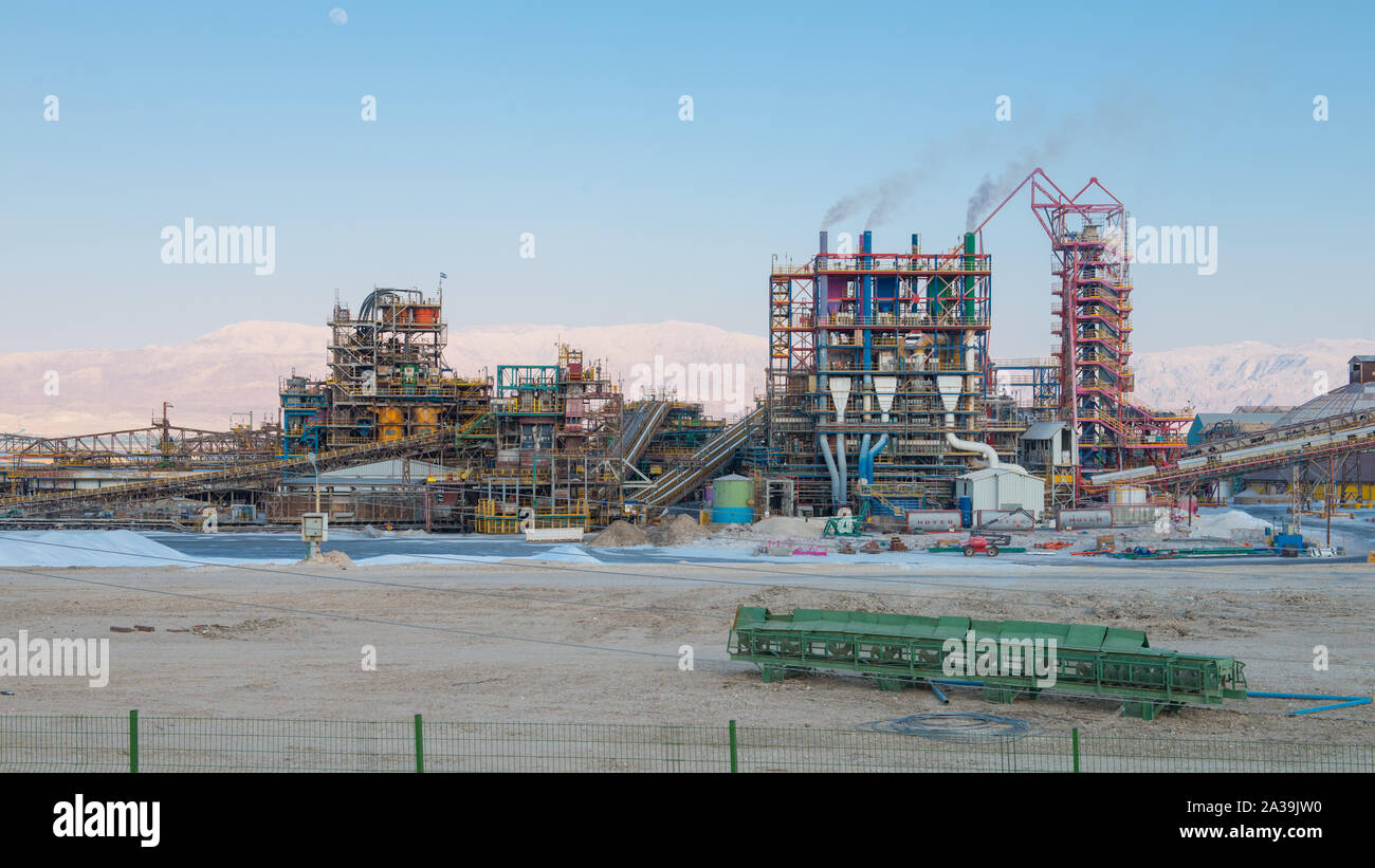Dead Sea, Israel - June  2019: Mineral extraction plant on the shores of the Dead Sea Stock Photo