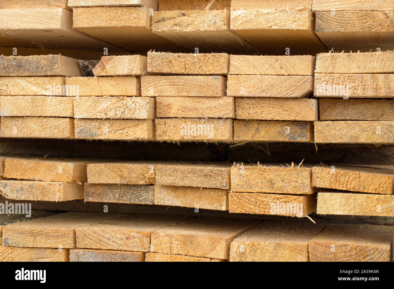 Wooden boards for floors and walls, are sold in the bazaar for building materials. Russia. Stock Photo